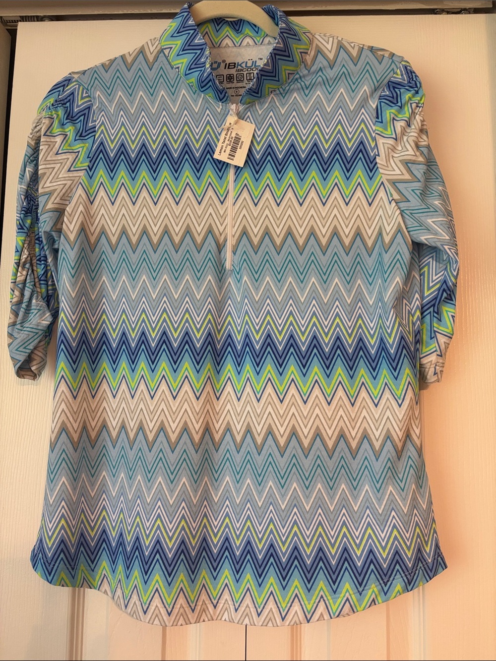 IBKUL Zigzag Short Sleeve Golf Polo in Blue, Lime & Aqua-Small-NWT